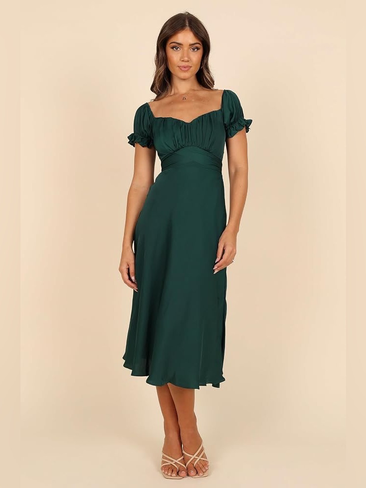 Petal & Pup Mickenna Frill Tie Back Elegant Green Puff-Sleeve Midi Dress